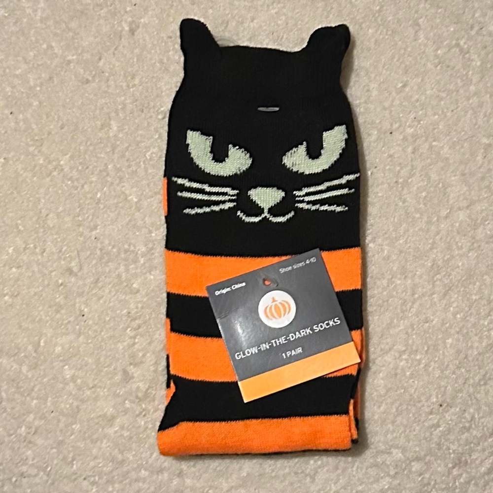 Glow in the Dark Cat Socks - Black and Orange